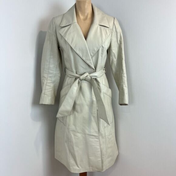 70s Vintage Embassy Women’s XS Genuine Leather Belted Tan Overcoat Jacket Trench - Picture 1 of 15